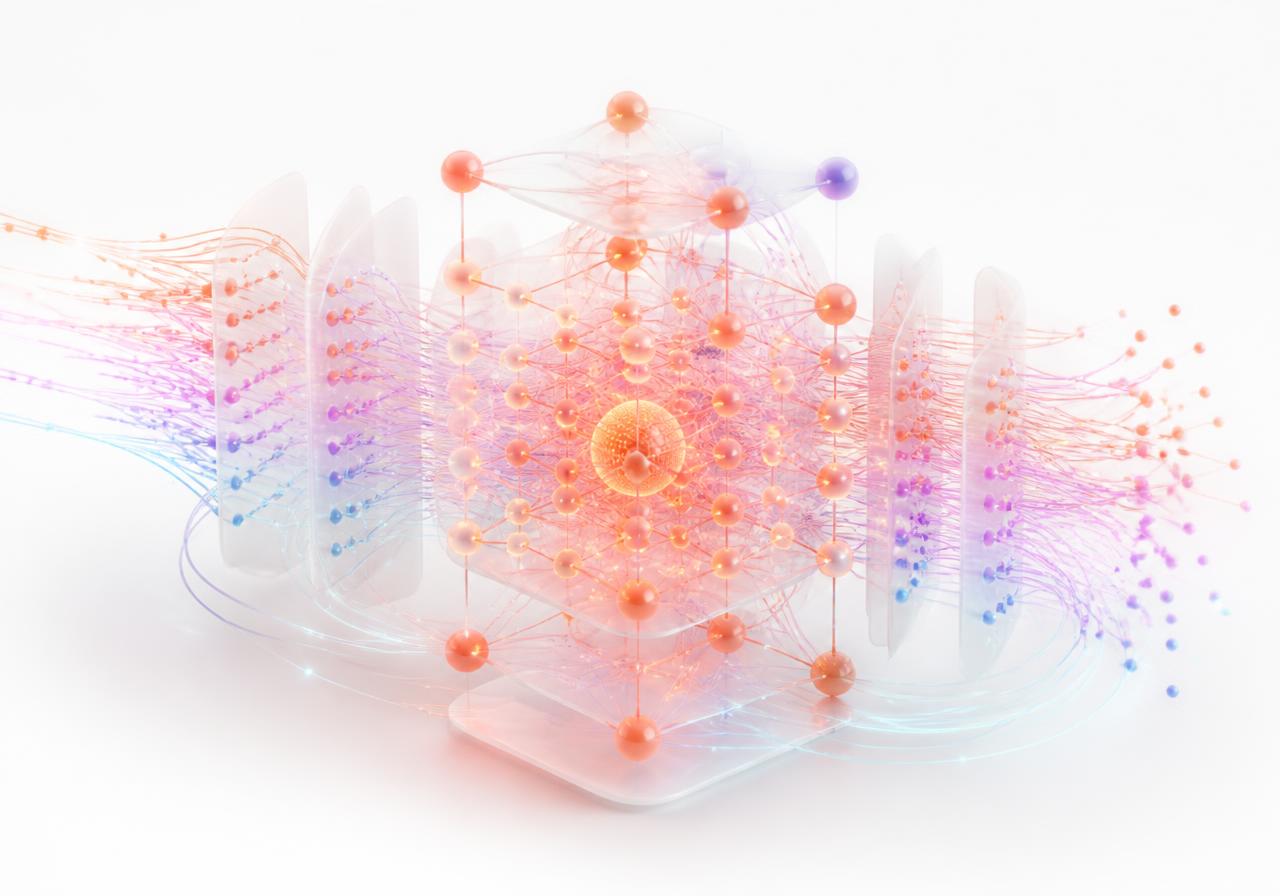 Visualisasi jaringan neural Kimi K3 dengan cahaya orange, violet, cyan, dan emas
